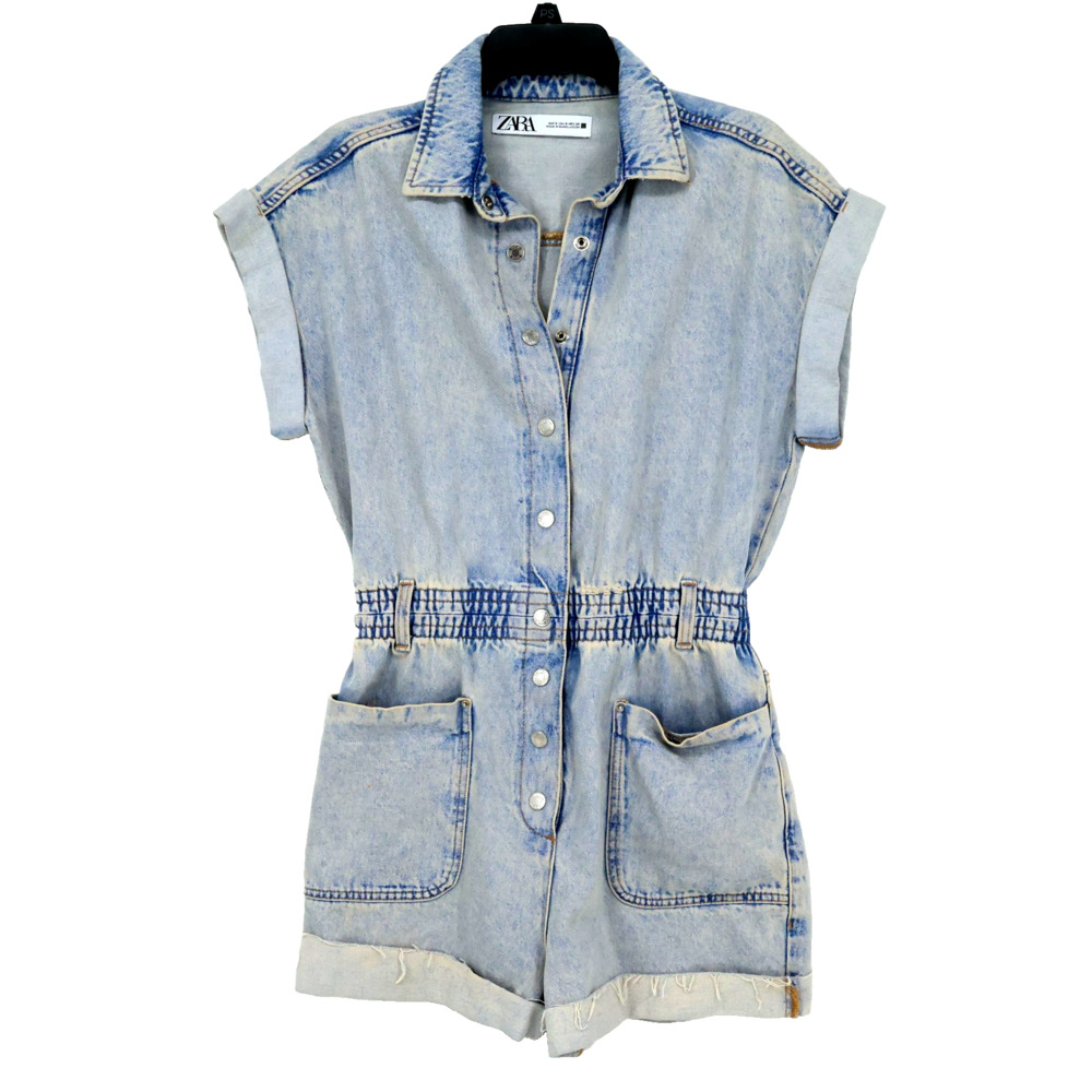 Zara Romper Womens Small Blue Cotton Denim Distressed Cuffed Shorts Pockets Y2K